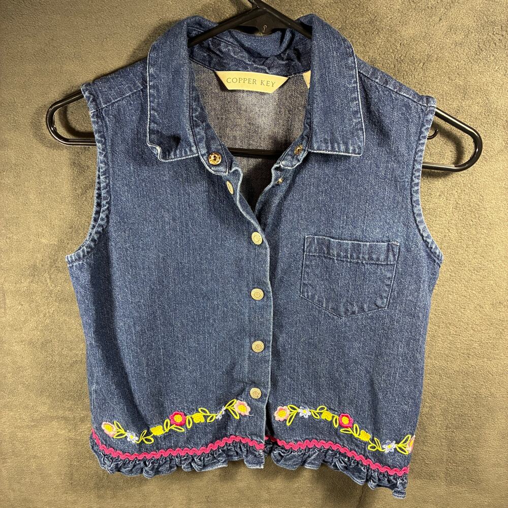 90s copper key women vest large denim chambray embroidered cottagecore